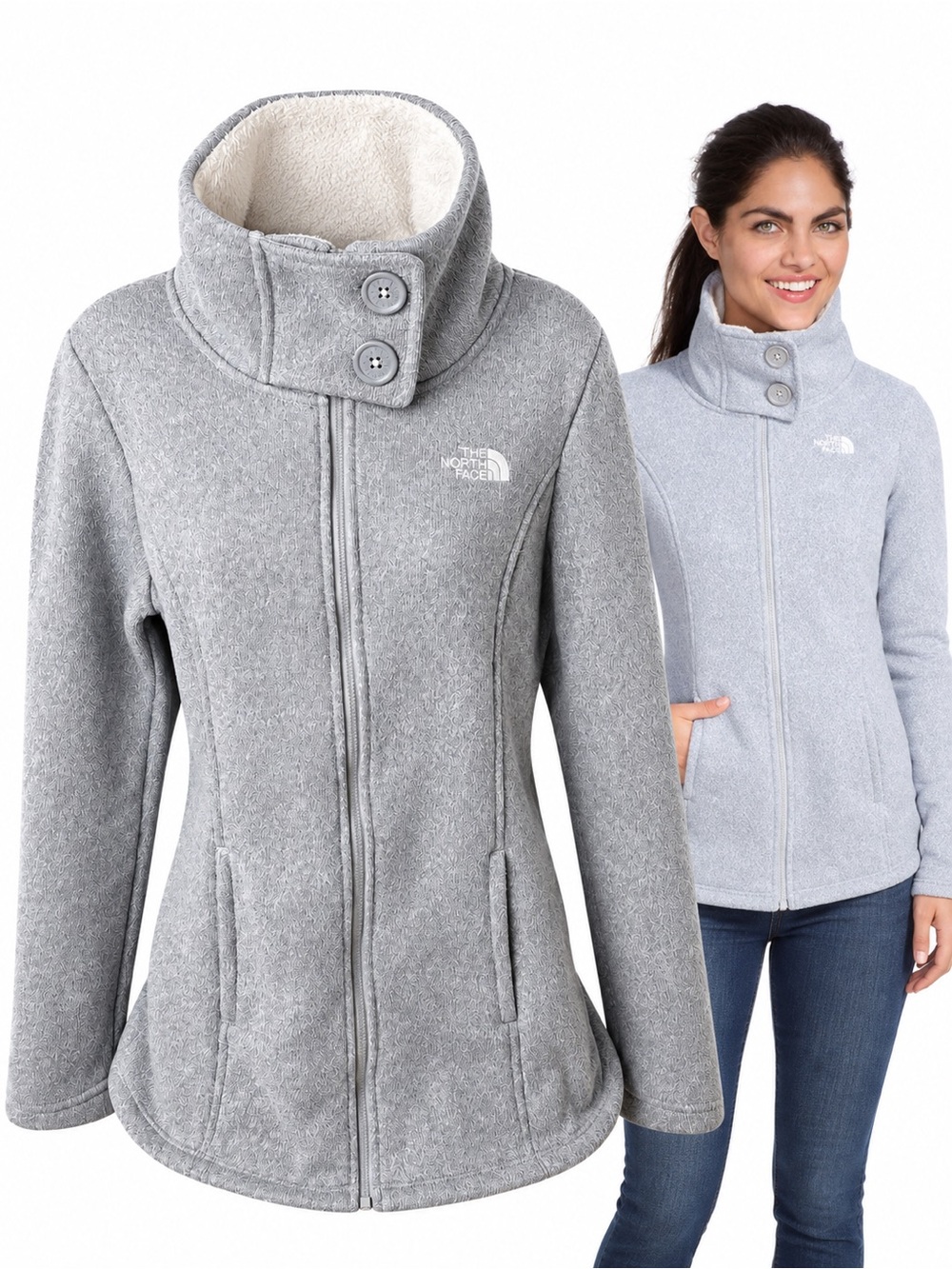 The North Face Women’s M Gray Sherpa Lined Fleece Jacket High Collar Full Zip